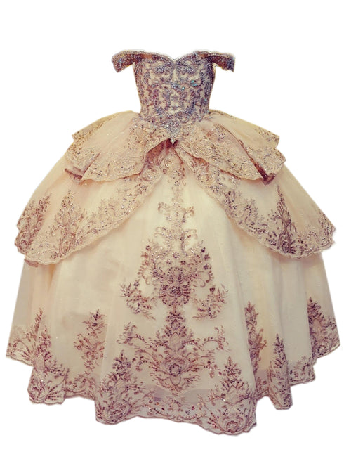 Little Girls Champagne Glittery Gold Embroidered Off Shoulder Ball Gown 3-6 - SophiasStyle.com